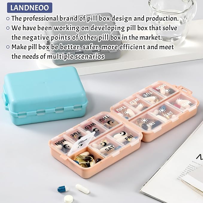Foldable & Portable Weekly Pill Organizer 2 Times a Day with Clear Printed Labels - 7 Day AM PM Medicine Box, Week Daily Travel Pill Meds Case Holder for Medications, Vitamin, Supplement - Khaki