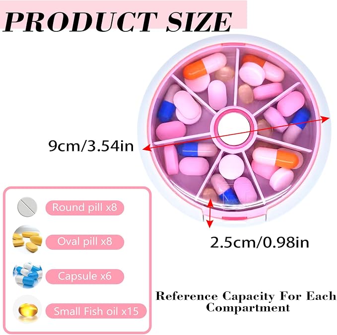 Pill Organizer Travel Pill Case for Purse Portable Pill Box Round Weekiy Pill Container for Vitamin Fish Oil Pills Supplements