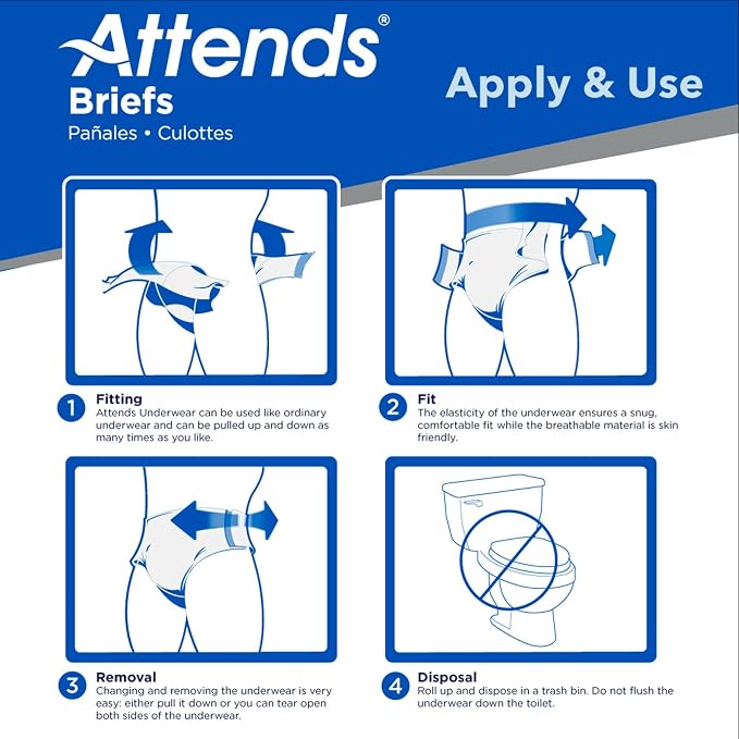 Attends Adult Incontinence Disposable Briefs, Large, 44"-58" Waist with SecureGrip Tab Closure, Extra Heavy Absorbency with Super Absorbent Core and Breathable Side Panels, 72ct Case
