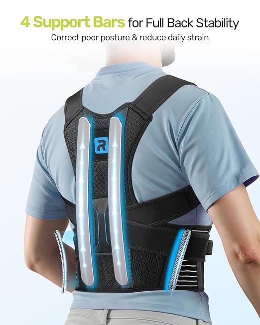 Rakiie Posture Corrector for Women Men, 4 Back Support Brace Bars, Adjustable Shoulder Straightener with Cushioned Pads for Hunchback, Round Shoulders, Back Pain Relief, Blue XL