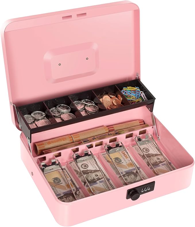 Cash Box with Combination Lock, Metal Money Box for Cash Register, Large Cash Lock Box for Money Safe 11.8" x 9.4" x 3.54" Pink