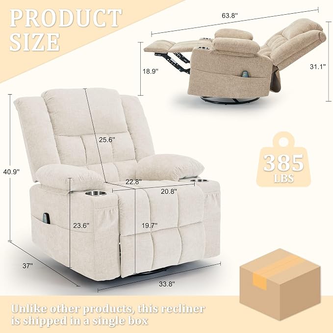 Korser 360° Swivel Rocker Recliner for Adults, Nursery Glider Recliner with Massage and Heating, Rocking Chair with Cup Holder, Manual Recliner Chair for Living Room, Bedroom (Fabric, Beige)