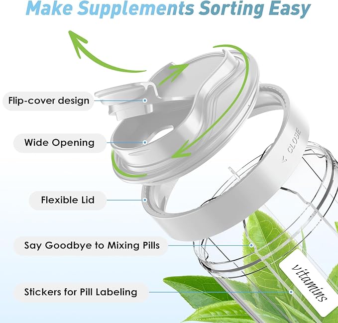 Large Pill Dispenser to Store 7 Various Supplements - Pill Organizer & Supplement Organizer for Travel, Anti-Mixing Design, with Strap & 20 Sticky Labels（Light Gray）