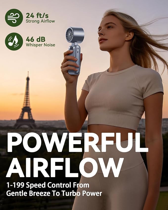 Portable Handheld Fan with Ice Cooling, 7.5m/s High Speed Turbo Fan, 150° Foldable 4-in-1 Personal Neck Fan, 199 Speed Stepless Control, USB-C Rechargeable for Travel, Makeup, Hiking,Grey