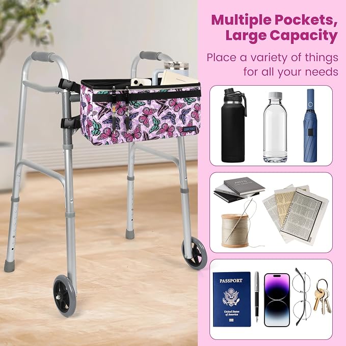 ZHCHG Walker Basket for Seniors, Walker Accessories Bag for Folding Walker | Large Capacity & Never Tipping Over, Best Gift- (Not Fit Rollator Walkers)- Purple
