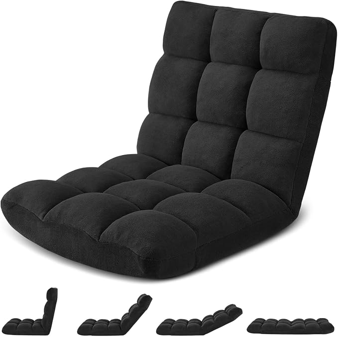 Folding Floor Gaming Chair, 14-Position Adjustable Backrest, Skin-Friendly Flannel & Aluminum Alloy Frame, Ideal for Reading, Gaming, Sleeping, Black