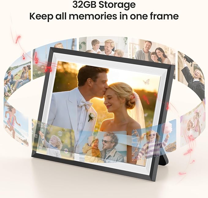 BIGASUO Digital Picture Frame Frameo 10.1", WiFi Photos & Videos Sharing, 3000mAh Battery & Wireless Charging, 1280x800 IPS Touch Screen, 32GB Storage, Support USB/SD Card