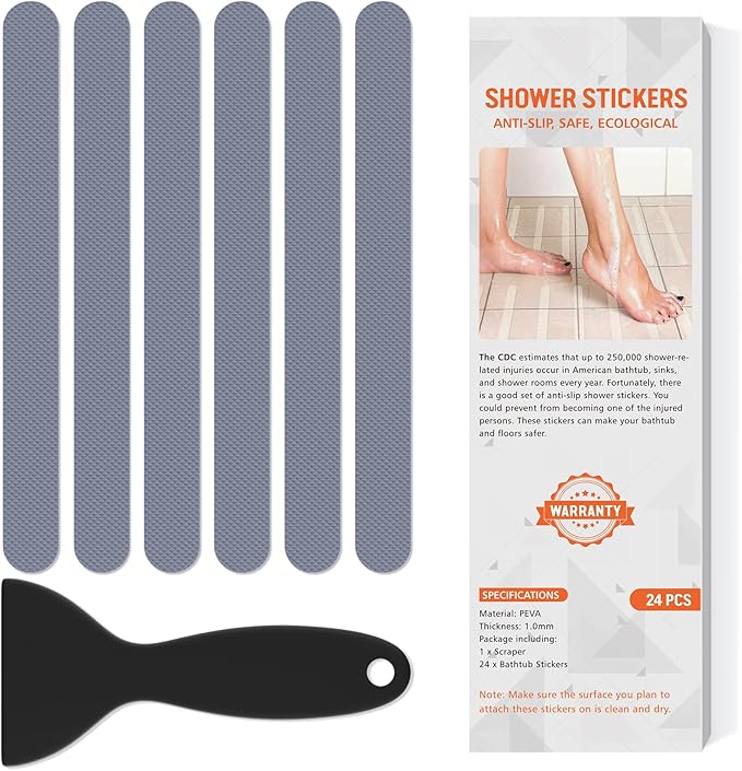 Non Slip Bathtub Stickers, 24 PCS Shower Stickers for Safety Bathroom Tubs, Bathtub Non Slip Stickers and Adhesive Decals Scraper for Bath Tub, Shower Floor, Stairs, Ladders(Grey)