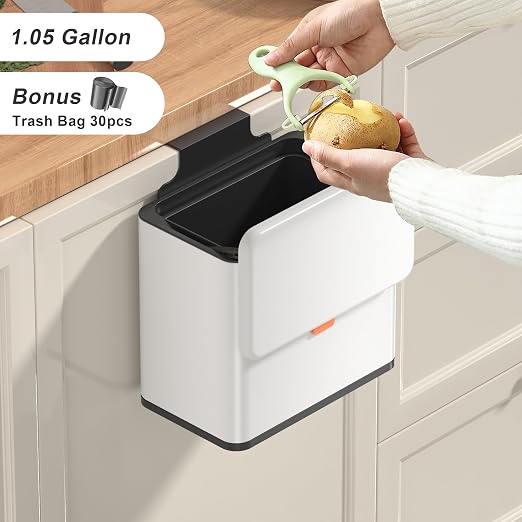 Mbillion 1.05 Gal White Hanging Stainless Steel Compost Bin | 4L trash can with lid, cabinet & under sink door mount design, for kitchen, RV and bathroom food waste storage