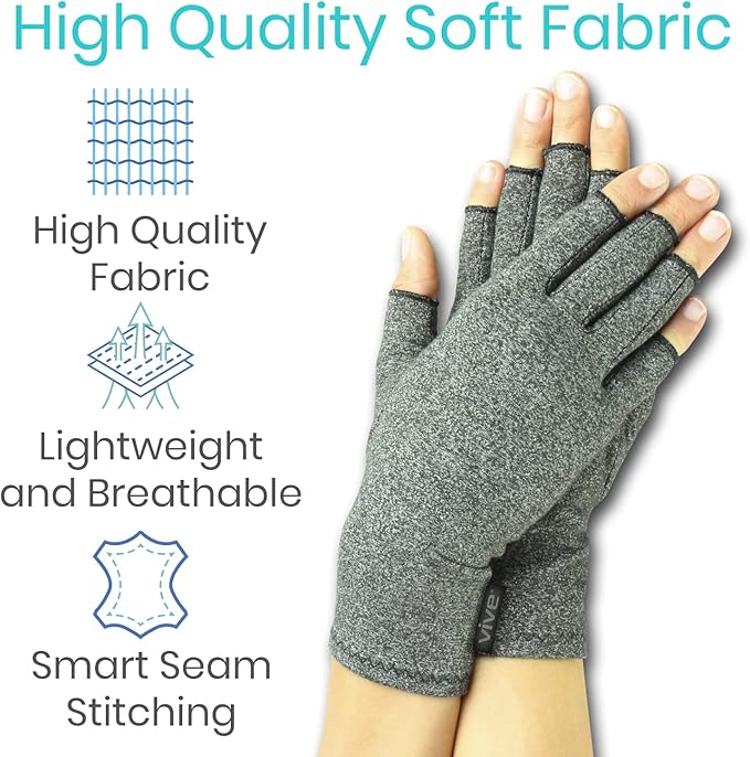 Vive Arthritis Gloves - Men, Women Rheumatoid Compression Hand Glove for Osteoarthritis- Arthritic Joint Pain Relief - Carpal Tunnel Wrist Support - Open Finger, Fingerless Thumb for Computer Typing