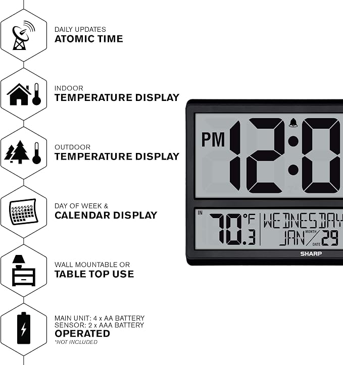 Sharp Atomic Clock - Never Needs Setting! –Easy to Read Numbers - Indoor/Outdoor Temperature, Wireless Outdoor Sensor - Battery Powered - Easy Set-Up (4" Numbers)