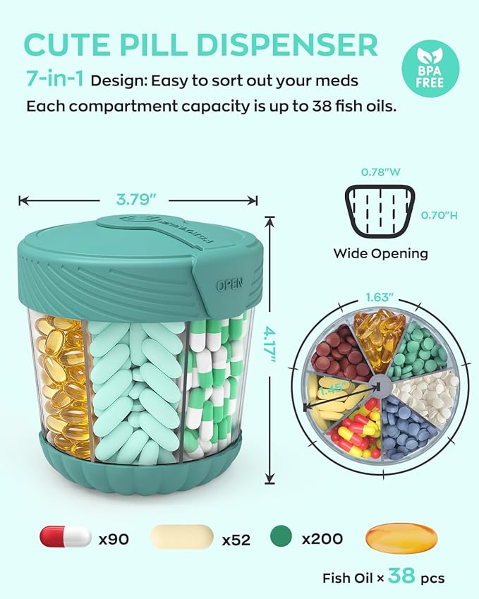 Cute Pill Dispenser with 7 Large Compartments, Portable Pill Bottle Organizer with Wide Opening for Travel, Anti-Mixing Pill Container, Shatterproof BPA-Free, Includes 20 Pcs Labels, Cyan