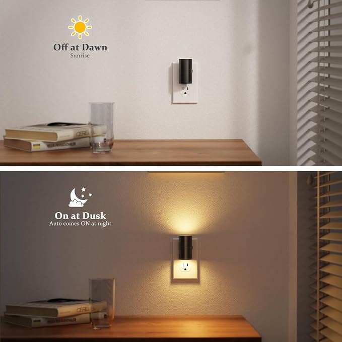 JandCase LED Night Light Plug in, Rotating Night Lights Plug into Wall Warm | Dusk to Dawn Sensor, 2 Level Brightness Adjustable Nightlight, 2 Pack, Warm White 3000K, for Bathroom Bedroom Hallway Stairs