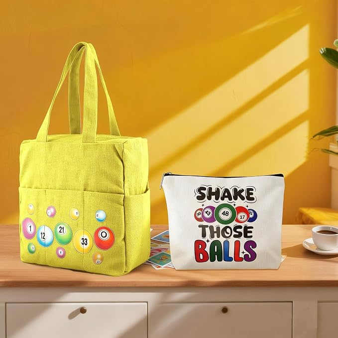 Bingo Bags with Pockets on Clearance, Bingo Bag with Zipper and Polyester Bingo Daubers Makeup Bag, Bingo Bags and Accessories Tote Gifts Game Suitable for Women and Girls (Yellow)
