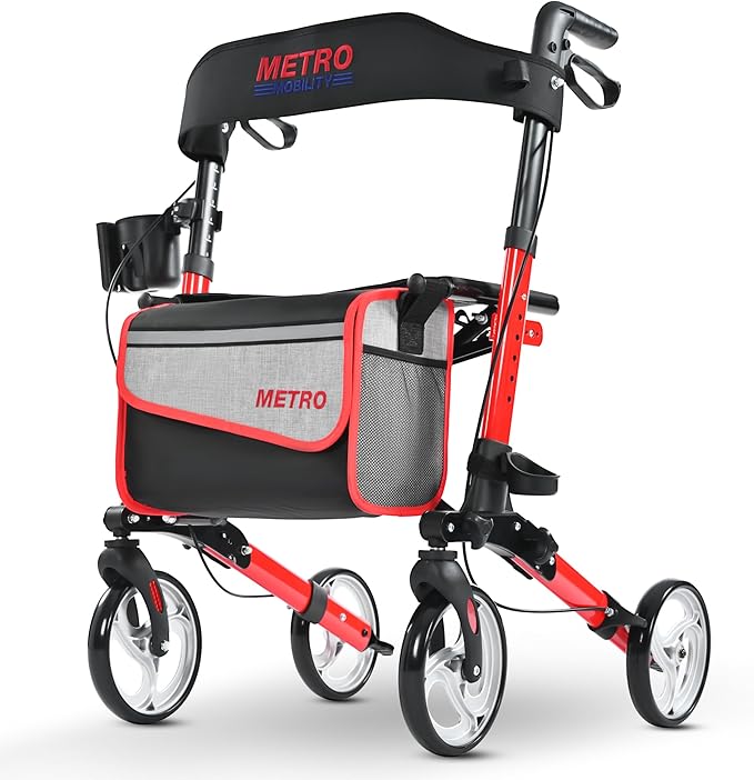Metro Mobility Rollator Walker with Seat for Seniors, Foldable Lightweight Rolling Walker, 8" Big Wheels for All Terrain, 300 lb. Weight Capacity, Red