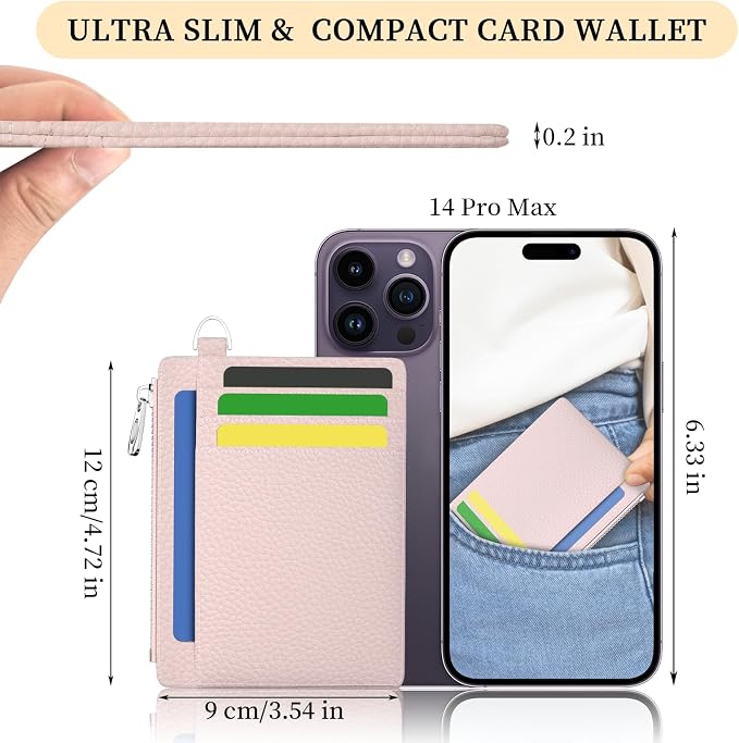 Hancynir Minimalist Slim Wallet Women Credit Card Holder, RFID Small Cute | Zipper Pocket Wallet, Thin Travel Coin Purse, Ladies Women Gifts, Key Chain Card Case, 6 Card Slots, ID Window, PU Leather