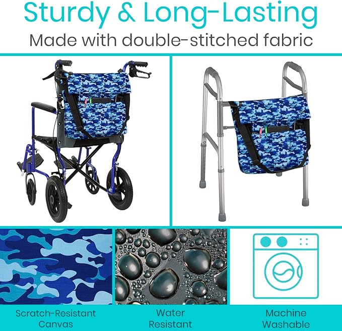 Vive XL Wheelchair Accessories Bag - Waterproof, Scratch-Resistant, Double-Stitched, Machine Washable for Adults, Seniors, 15 Colors - Storage Walker Backpack to Hang on Back