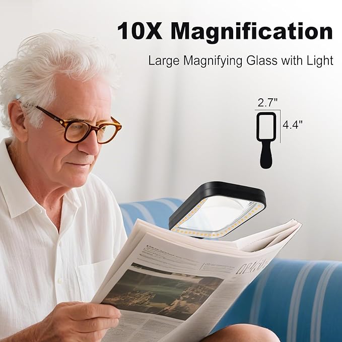 10X Magnifying Glass with Light, Rechargeable Magnifier with 3 Color Modes, Lighted Magnifying Glass Handheld for Seniors Reading Low Vision, Inspection, Close Work