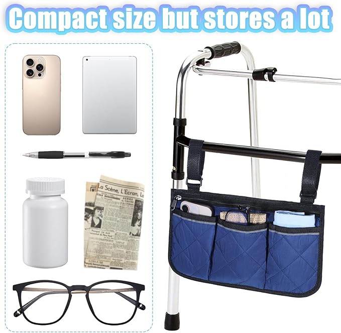 YBEATY Walker Bag Walker Storage Bag with Reflective Strips Folding Basket Wheel Chair Accessories Bags Lightweight Hand Free Storage Carrier Tote Universal Size for Seniors Rollator Accessories(Blue)