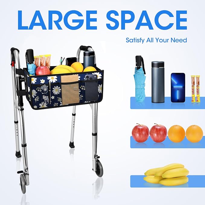 Dotday Upgraded Walker Basket with Cup Holder, Foldable Walker Bag | Basket for Walker for Senior, Walker Accessories for Folding Walker, Large Capacity, Never Tipping Over, Not Fit for Rollator