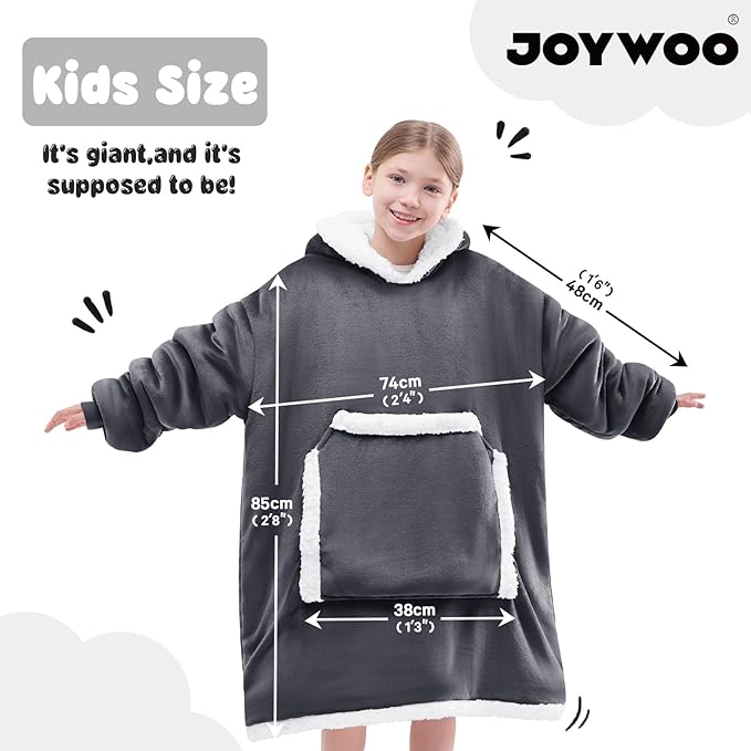 JOYWOO Kids Wearable Blanket Hoodie,Oversized Cat lovers Hoodie Blanket for kids & Teens,Birthday Gifts for Girl Boys,Warm Cozy Fuzzy Sherpa Fleece Sweatshirt Blankets with Giant Pocket Gifts,Grey