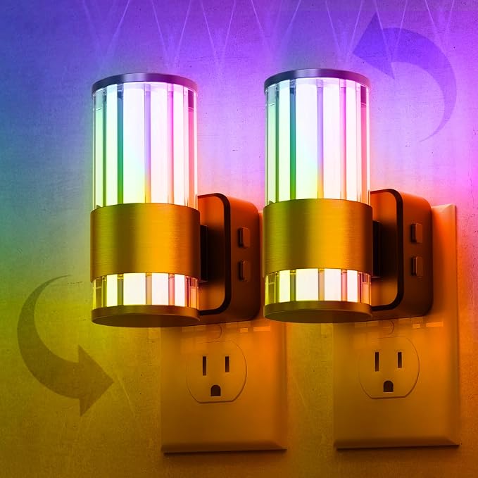 L LOHAS LED Night Light, Night Lights Plug into Wall, 2 Pack 10-Color RGB | Change Nightlights, 10/50/100LM Adjustable Automatic Nightlights Plug in with Dusk to Dawn Sensor for Room Bathroom Hallway