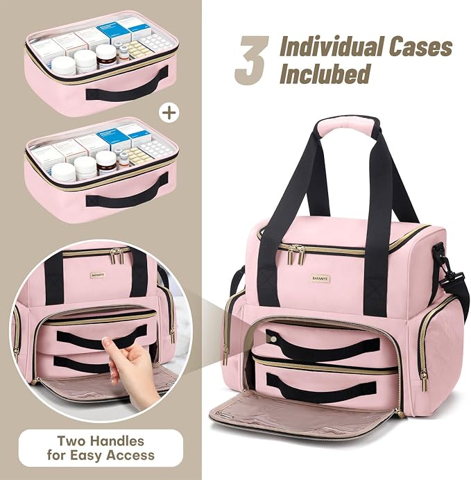 BAFAMYE Large Medicine Storage Bag with 2 Removable Cases, Medicine Storage Bag with Multiple Storage Sections,with Shoulder Strap,Suitable for Travel or Home,Pink