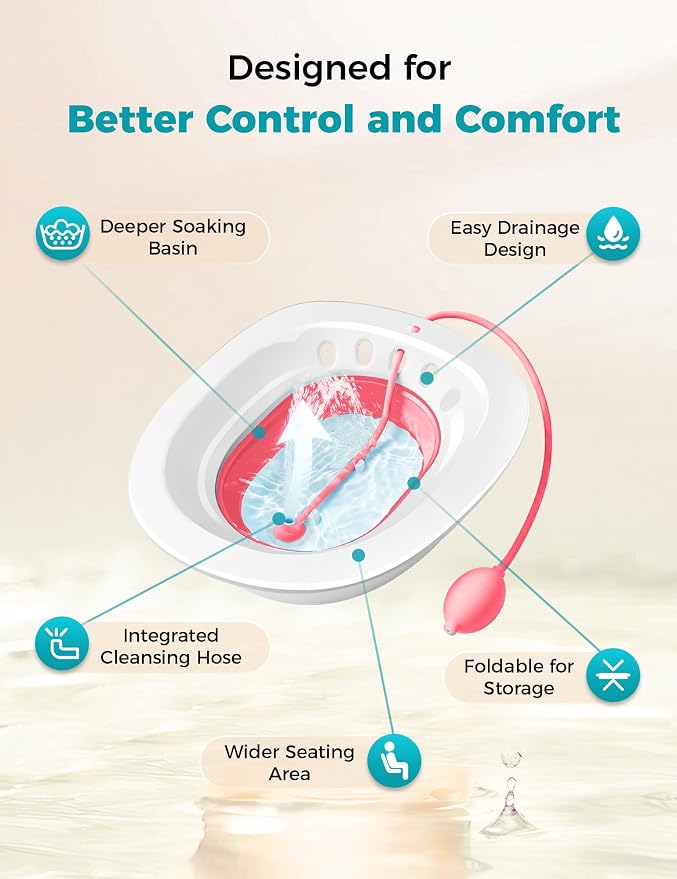 Pochik Sitz Bath for Toilet Seat Hemorrhoids and Postpartum Care, Yoni Steam Seat, Perineal Soaking, Collapsible, Flusher Hose, Drain Holes, Wider Seating Area - Magenta