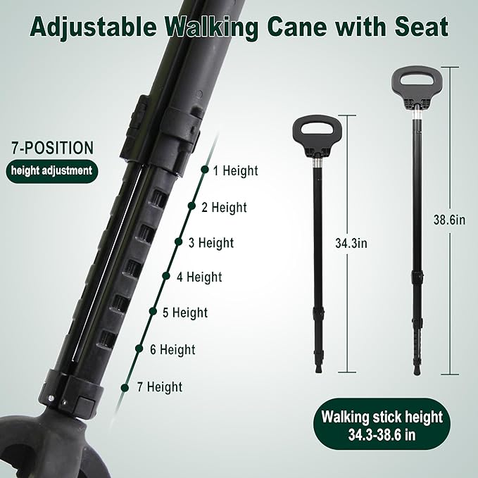 Adjustable Cane with Seat Folding Lightweight, Portable Cane Chair for Adults & Seniors, Walking Stick with Seat for Travel Hiking, with Cushion Carry Bag