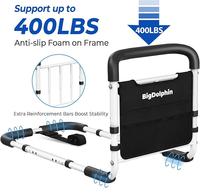 Bed Rails for Elderly Adults Safety - ASTM Approved Adjustable Bed Cane with Non-Slip Ergonomic Handle & Storage Pocket, Bed Railings for Seniors Support 400 LBS, Tool-Free