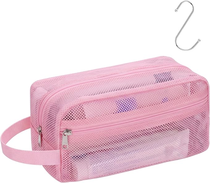 Mesh Shower Caddy Portable with Zipper - Toiletry Shower Bag for travel Gym | 2 Pockets, Quick-Dry Mesh, S-Hook, Small Hanging Shower Caddy for Toiletry Essentials, Bathroom & Camping, Pink