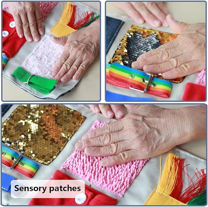 Fidget Blanket for Adults with Dementia, Senior Activity Blanket for Elderly Care, Alzheimer’s Dementia Activity Aid, Tactile Lap Blanket for Seniors, Blue
