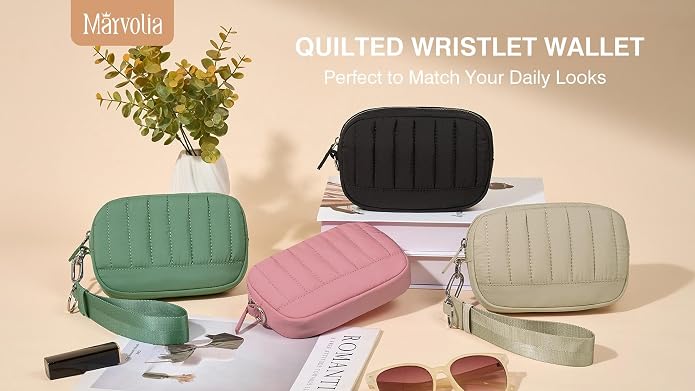 Marvolia Wristlet Wallet for Women Quilted Protective Wristlet Purse | Lightweight, Multi-Pockets with Zipper, for Travel Daily Necessities