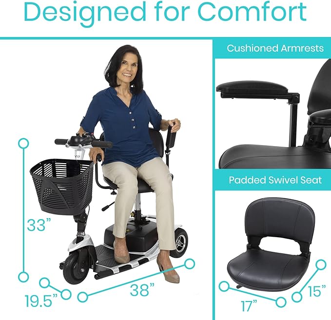 Vive 3 Wheel Mobility Scooter - Electric Powered Mobile Wheelchair Device for Adults - Folding, Collapsible and Compact for Travel - Long Range Power Extended Battery with Charger and Basket Included