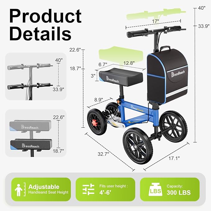 All Terrain Steerable Knee Scooter Crutch Alternative，Deluxe Medical Scooter Double Handbrake,for Adults Injured Ankle & Foot Recovery Scooter in Blue