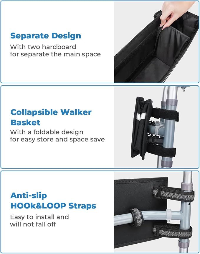 JOYTUTUS Walker Basket for Seniors, Basket for Walkers with Cup Holder, with Two Split Board, Foldable Walker Storage Bag, for Family and Friends, Black (Not Fit Rollator Walkers)
