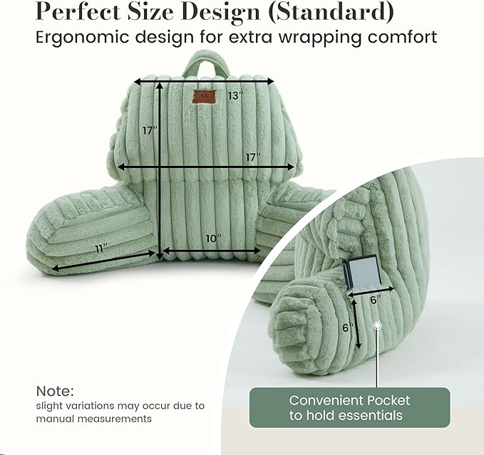 Amélie Home Faux Fur Reading Pillow with Pocket for Sitting in Bed, Kids Backrest Bed Pillow with Washable Cover for Lounging, Study & Relaxing, Sage Green 17 inches