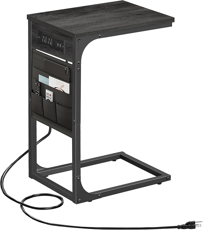 TUTOTAK C Shaped End Table with Charging Station, Side Table for Sofa | Couch Table with Storage Bag, TV Tray with 2 USB Ports and Outlets, Living Room and Bedroom, Grey TB01BY024