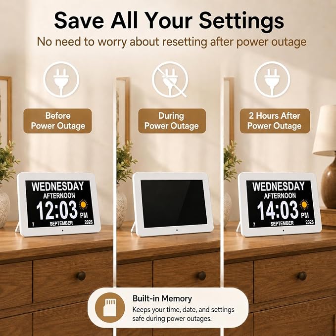 JALL 10" Large Digital Calendar Day Clock for Seniors 2026 - Easy to Read Alzheimer's Dementia Memory Loss Clock for Elderly with IPS Wide Angle，Day & Date, 12 Custom Alarms & Auto-Dimming, White