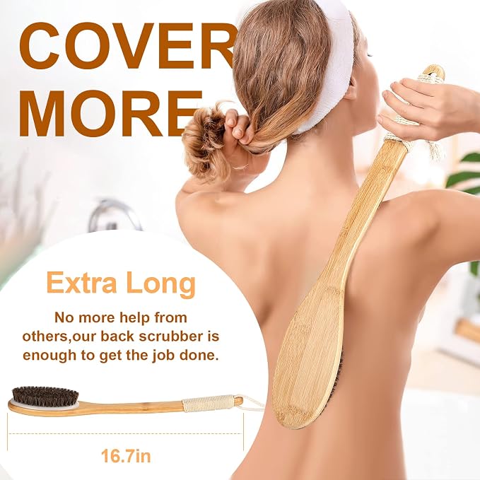 eaxun Bamboo Back Scrubber for Shower with Curved Long Handle, Shower Brush | 16.7 Inch Exfoliating Brush with Natural Horse Bristles for Men & Women, Anti-Slip Grip Back Washer for Bath or Dry Brushing