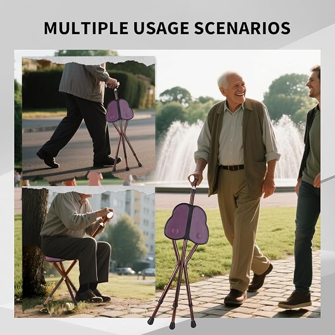 Folding Cane Seat 441 lbs Capacity Thick Aluminum Alloy Cane Stool Crutch Chair Seat Three-Legged Cane Seats Highly Adjustable Walking Stick Tall Unisex for Elderly As Gift