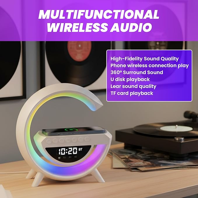Saker G-Shaped LED Wireless Charging Bluetooth Speaker, 3-in-1 LED Digital Alarm Clock Radio with 13 RGB Lights & Noise, 360° Surround Sound Nightstand Clock with FM Radio for Bedroom Office (Black)
