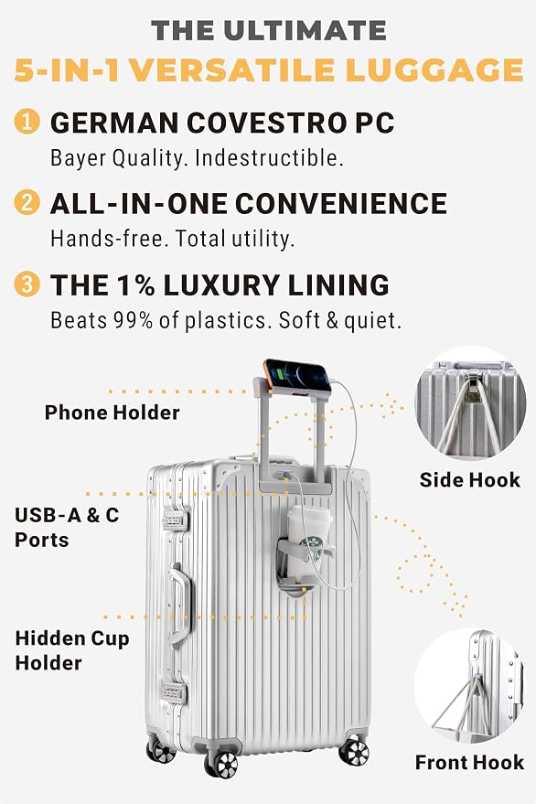 20-Inch Aluminum Frame Hardside Carry On Luggage, Metallic Silver | Zipperless PC suitcase, airline approved, dual TSA locks, cup holder, USB port, phone stand, bag hook, spinner wheels