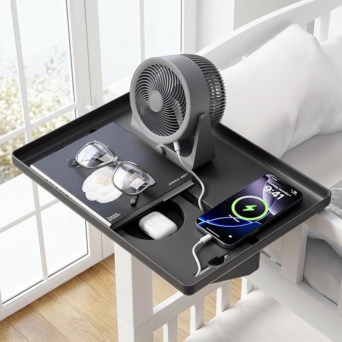 JOYMOOP Clip-On Bedside Shelf for Bunk Beds, Dorm Room Essentials, Bedside Caddy, No-Tool Install Bed Side Table Storage for Loft, Platform Beds, Nightstand Caddy for Phone, Glasses, Book, Black