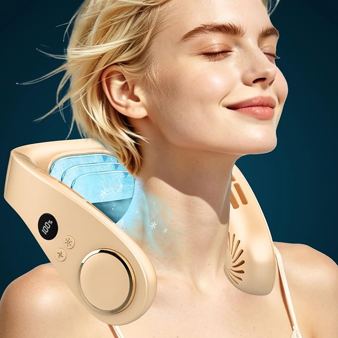 Neck Fan with Semiconductor Cooling Plate, Rechargeable 5500mAh Battery, LED 5 Speeds & 3 Cooling Modes Display, USB Personal Cooling Device Gift for Hot Weather Mother’s Day Father’s Day, Apricot
