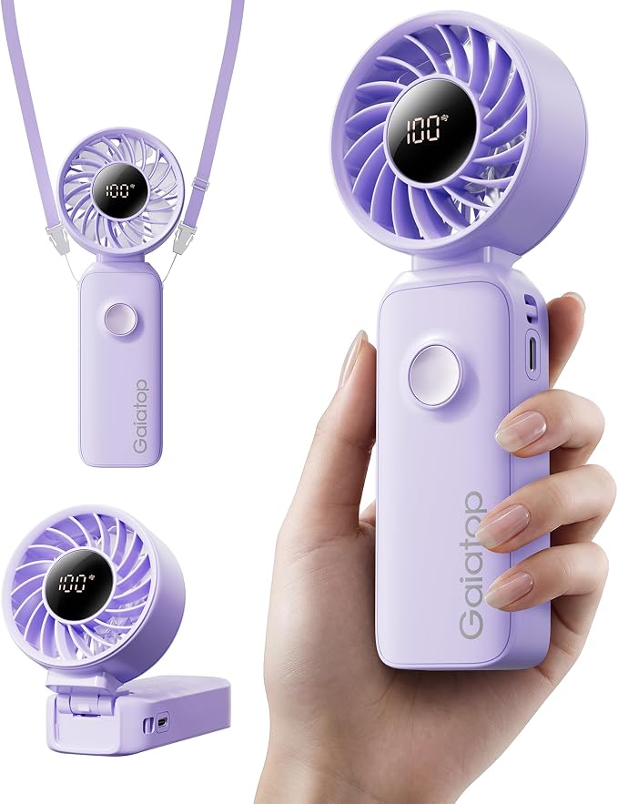 Gaiatop Portable Handheld Fan, 5 Speed Rechargeable Battery Max 18 Working Hours, 3 IN 1 Neck/Desk/Hand Fan Cooling for Travel, Beach, Women/Men Outdoor Activities Gifts - Purple