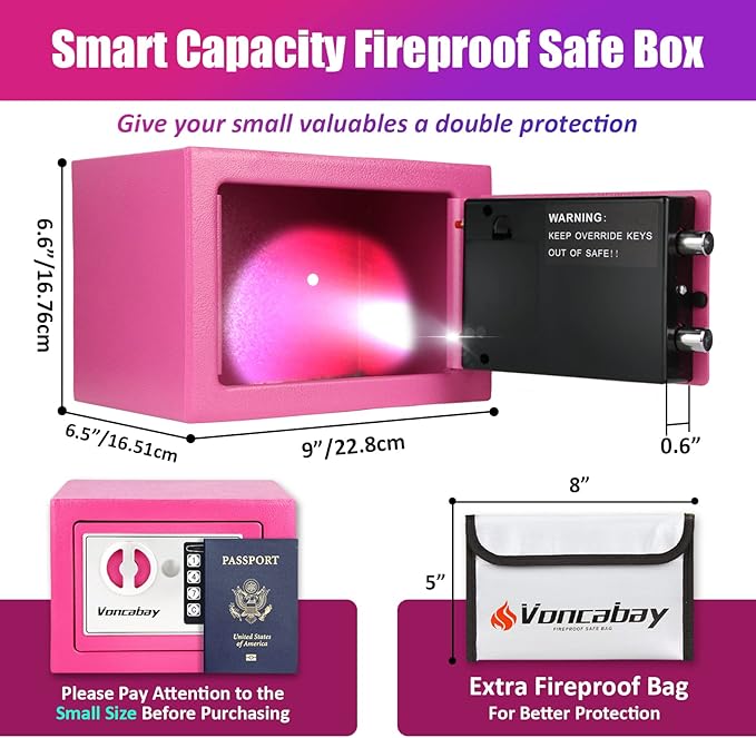 Voncabay Money Safe Box for Home with Sensor Light & Fireproof Money Bag, Security Lock Box with Keys & Pass Code, Fireproof Safe with Digital Keypad Pink