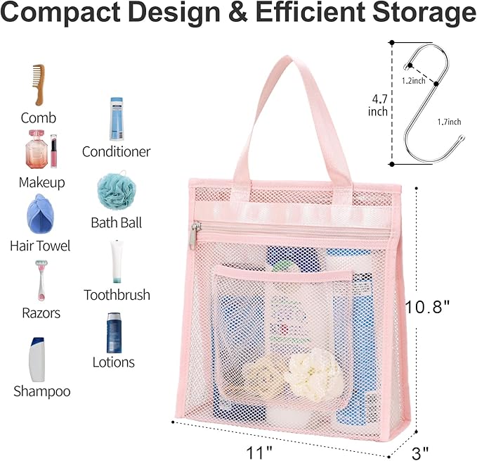 Small Mesh Shower Caddy Portable - Zipper Gym Shower Bag for Travel, Pink | 3 Pockets, Quick-Dry Mesh, S-Hook, Hanging Shower Caddy for Toiletry Essentials, Bathroom & Camping
