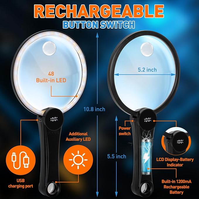 15X 30X 45X Rechargeable Magnifying Glass with Light(LCD Display) | Battery Level Indicator, 49 Anti-Flicker LEDs, 5.2" Large Handheld Magnifier for Seniors Reading Coin & Jewelry Inspection