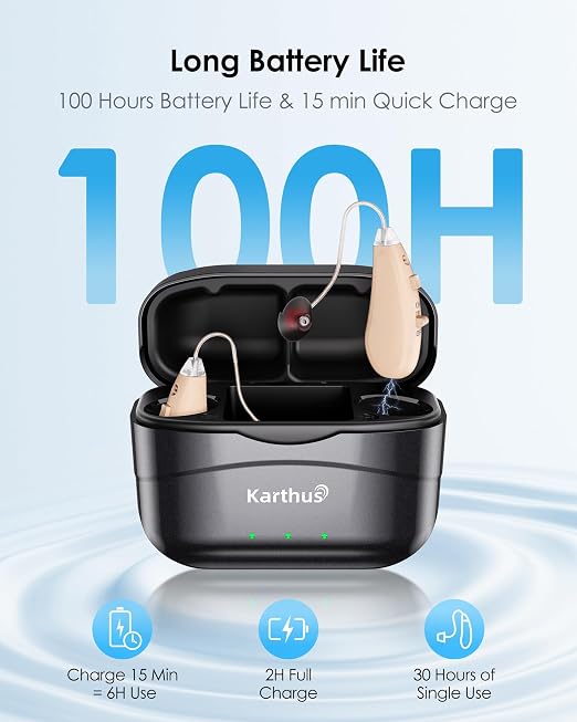 Karthus Hearing Aids, Rechargeable Hearing Aids for Seniors with Hearing Loss, Noise Cancelling & Clear Sound, Comfort & Invisible, 100H Battery Life, 7 Volume Levels, One-Button Operation, Char Black